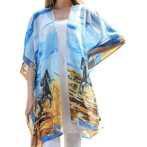 JC Sunny Sky & Mustang Horses Kimono Wrap Duster Swimsuit Cover Up